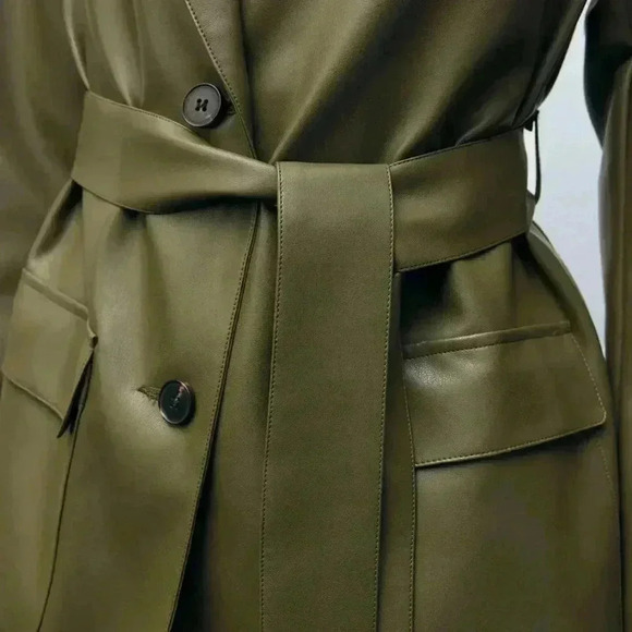 Army Green Elegant Women's Front Button Pocket Belted Long Sleeve Blazer Jacket - Picture 6 of 8